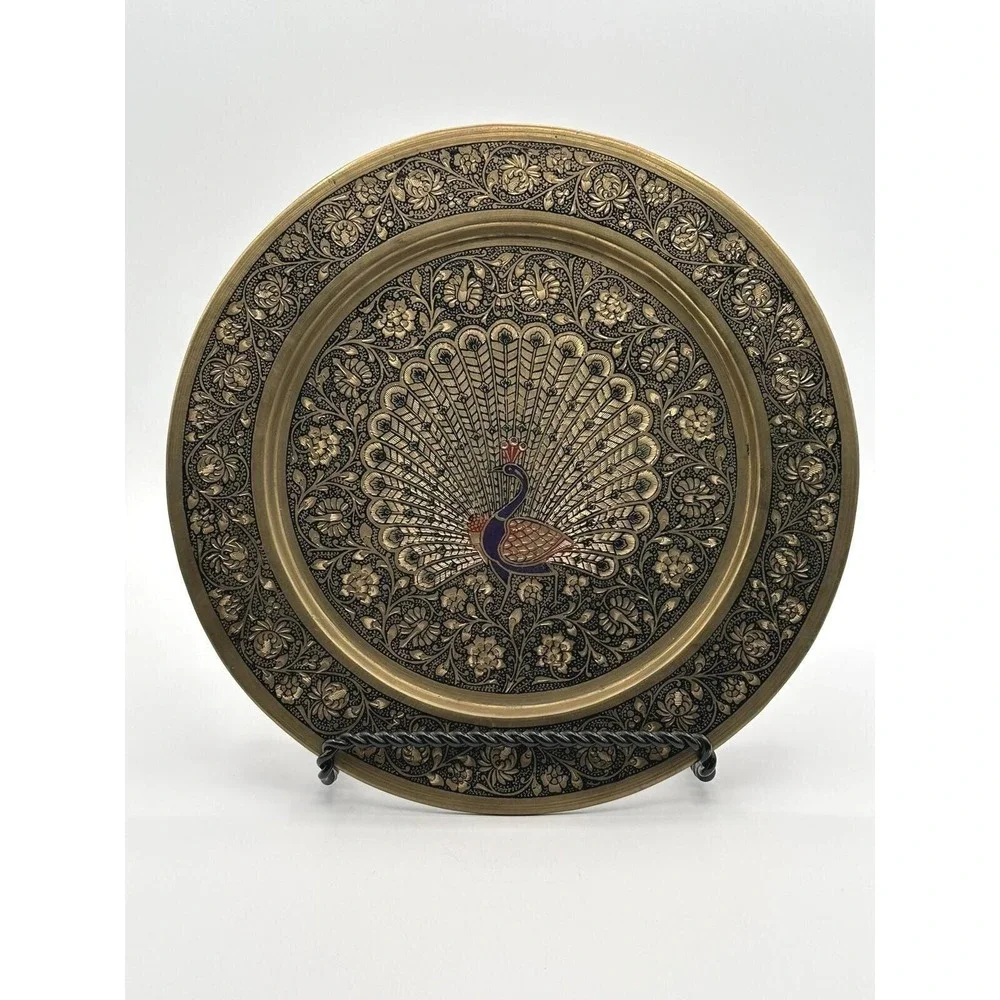 Vintage 9.5 Inch Brass Decorative Plate Hand-Engraved Peacock Design Wall Art